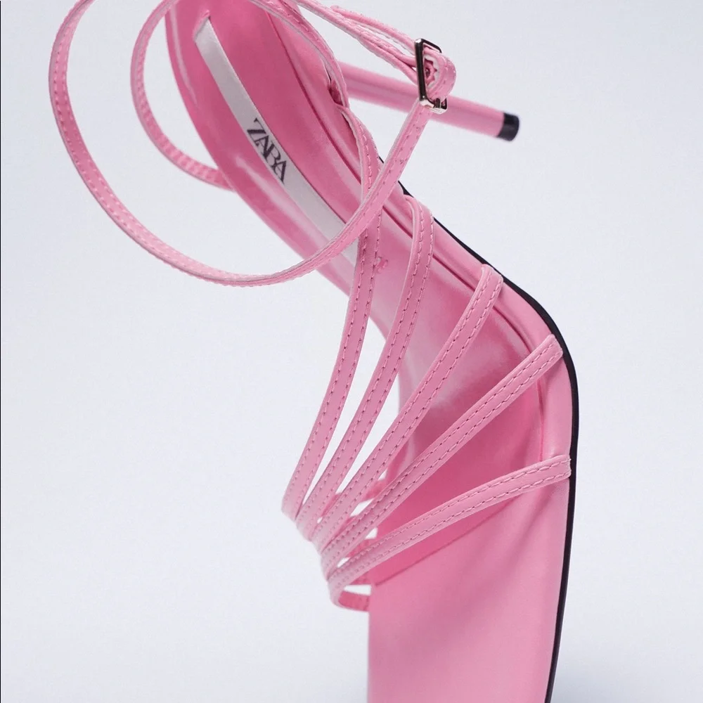 Zara Pink Strappy Square-Toe Stiletto Sandals - Picture 2 of 4